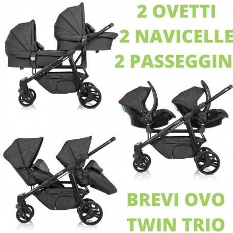 Brevi Trio Gemellare Ovo Twin 650 Dark Grey con Passeggini, 2 Navicelle  Salvaspazio e 2 Ovetti Smart Silverline
