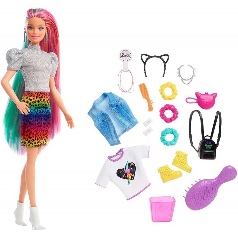 Barbie Leopard Rainbow Hair Bambola Capelli Multicolor GRN81 Mattel 3 anni+