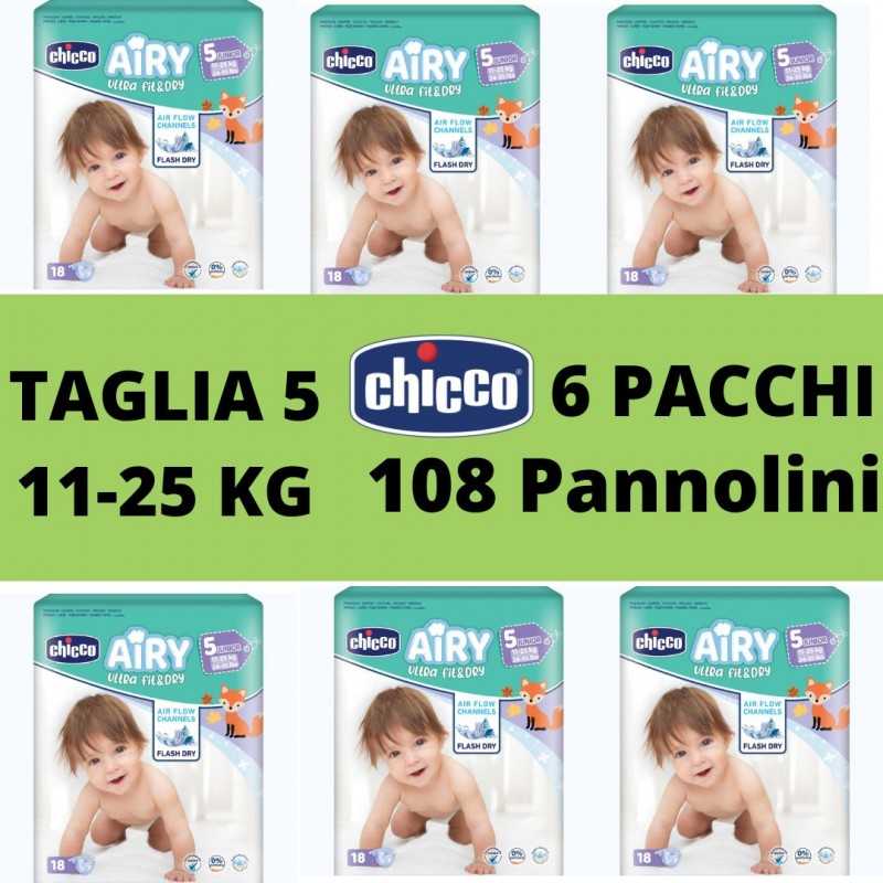 Pannolini Chicco Airy Taglia 5 Offerta Scatola 108 Pannolini 6 Pacchi da 18  Pannolini 11-25 kg Junior